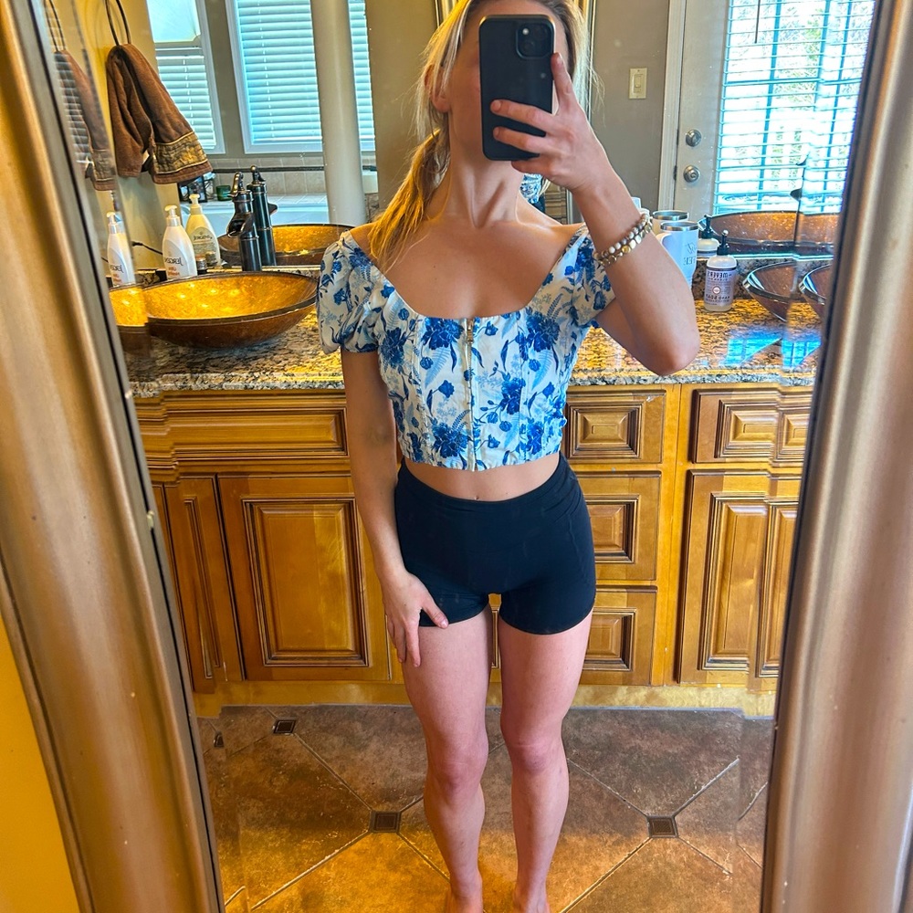 Tiger Mist Blue Floral Corset Front Zip Crop Top